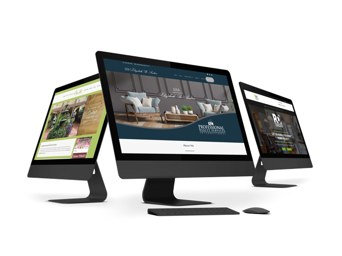 three desktop computers with pictures of website we have created for clients in Spokane, WA showing